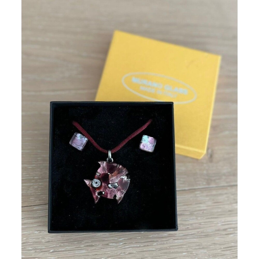 Pink Murano Glass Stud Earrings & Necklace Set - made in Italy